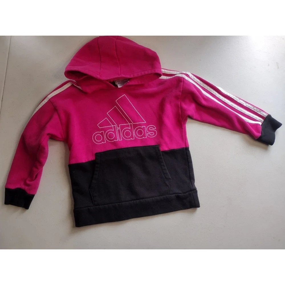 Adidas Kids Pink Black Fleece Hoodie and Jogger Tracksuit Set Size 5